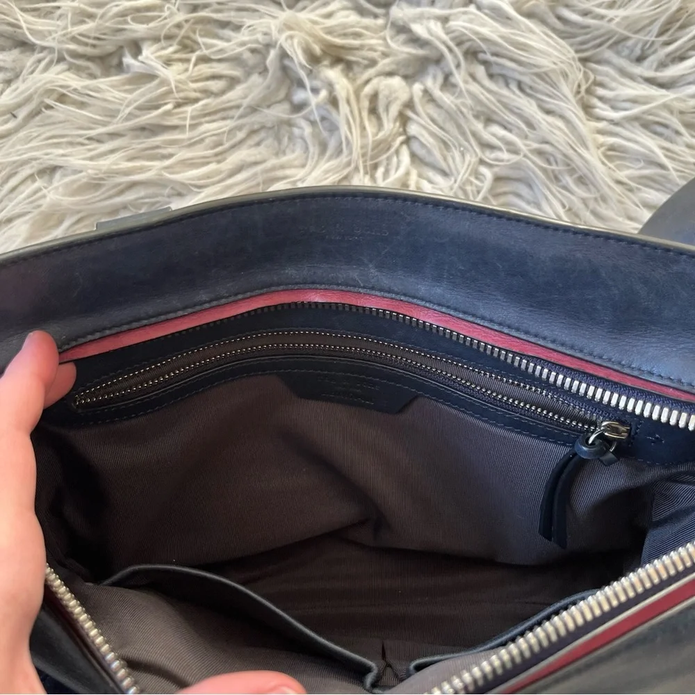 Rag & Bone Small Pilot Navy Blue Red Accent Leather Suede Zip-Up Satchel Bag